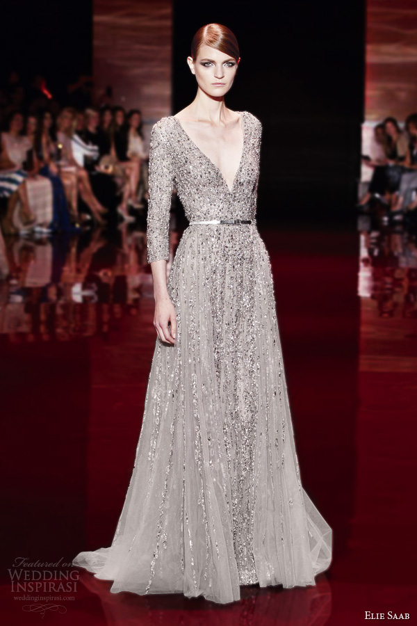 elie saab fall winter 2013 2014 couture three quarter sleeve beaded v neck gown