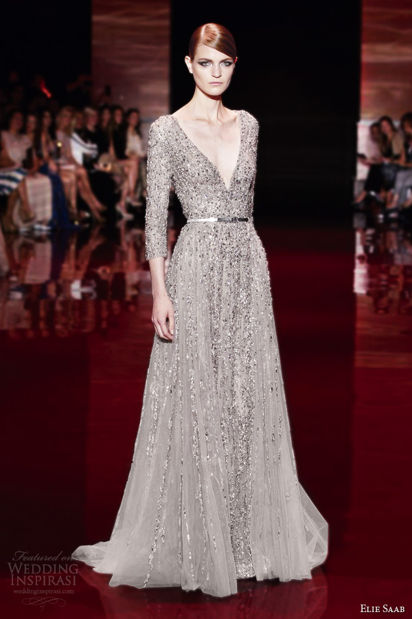 elie saab fall winter 2013 2014 couture three quarter sleeve beaded v neck gown elie saab fall winter 2013 2014 couture three quarter sleeve beaded v neck gown