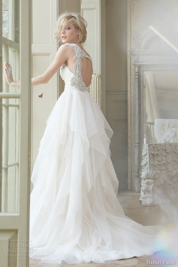 hayley paige fall 2013 bridal english net a line draped sweetheart tiered crystal straps keyhole skirt style 6350