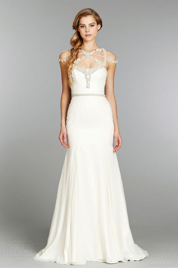 hayley paige fall 2013 fit flare silk georgette wedding dress ruched alabaster crystal embellished belt 6362 crystal bolero