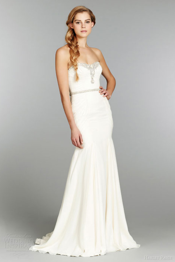 hayley paige fall 2013 fit flare silk georgette wedding dress ruched alabaster crystal embellished belt 6362 strapless