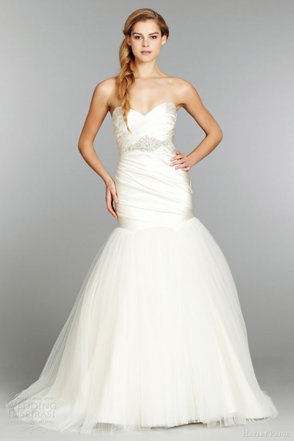 hayley paige fall 2013 strapless fit flare silk satin wedding dress ruched pleated tulle crystal belt 6354