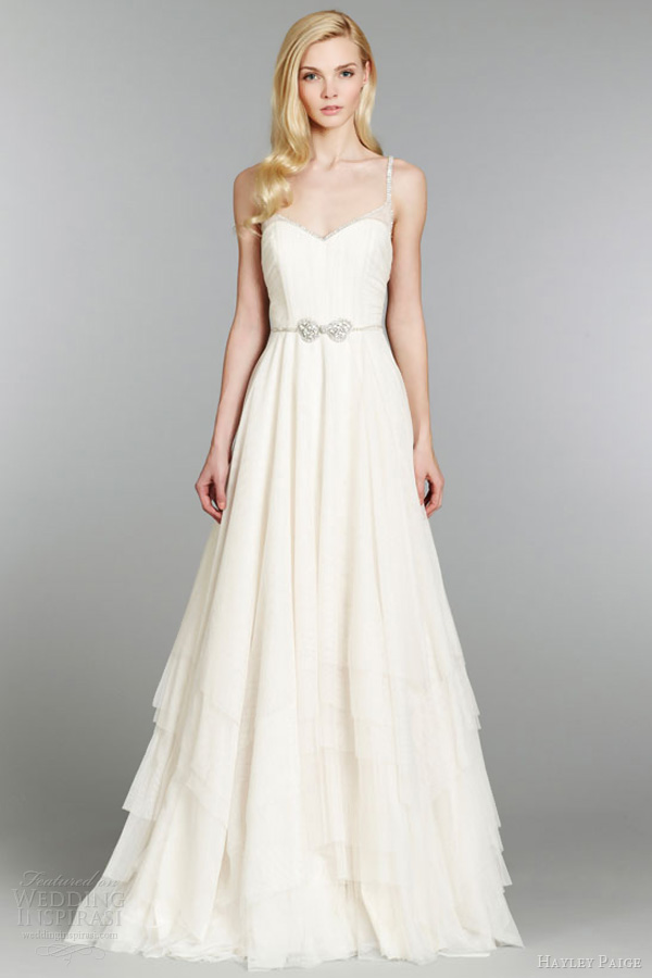 hayley paige fall 2013 wedding dress english net layered a line crystal bow belt natural tulle straps chapel style 6360