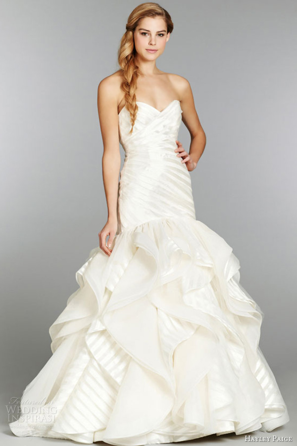 hayley paige fall 2013 wedding dress strapless striped organza elongated bodice flounced tulle skirt style 6351 full