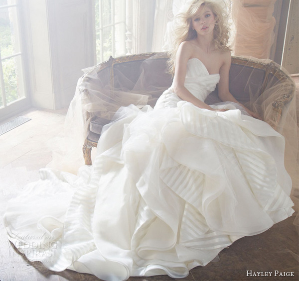 hayley paige fall 2013 wedding dress strapless striped organza elongated bodice flounced tulle skirt style 6351