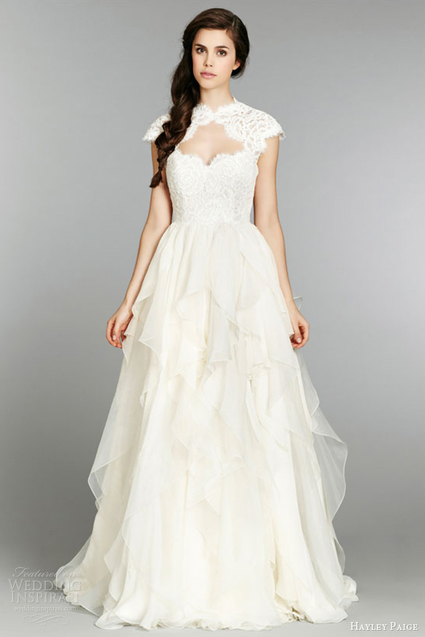 hayley paige fall 2013 wedding dress strapless sweetheart lace silk georgette flounced chapel 6353 lace cap sleeve bolero