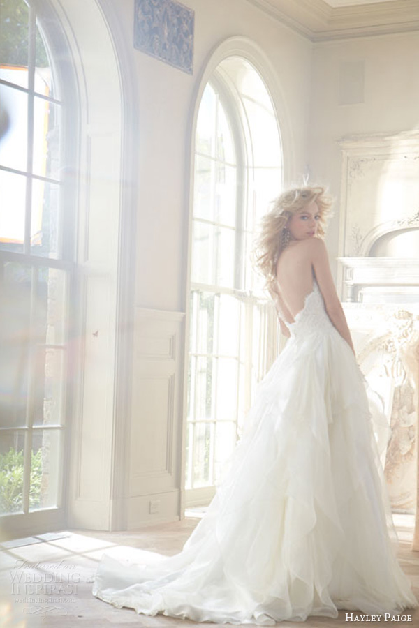 hayley paige fall 2013 wedding dress strapless sweetheart lace silk georgette flounced chapel style 6353