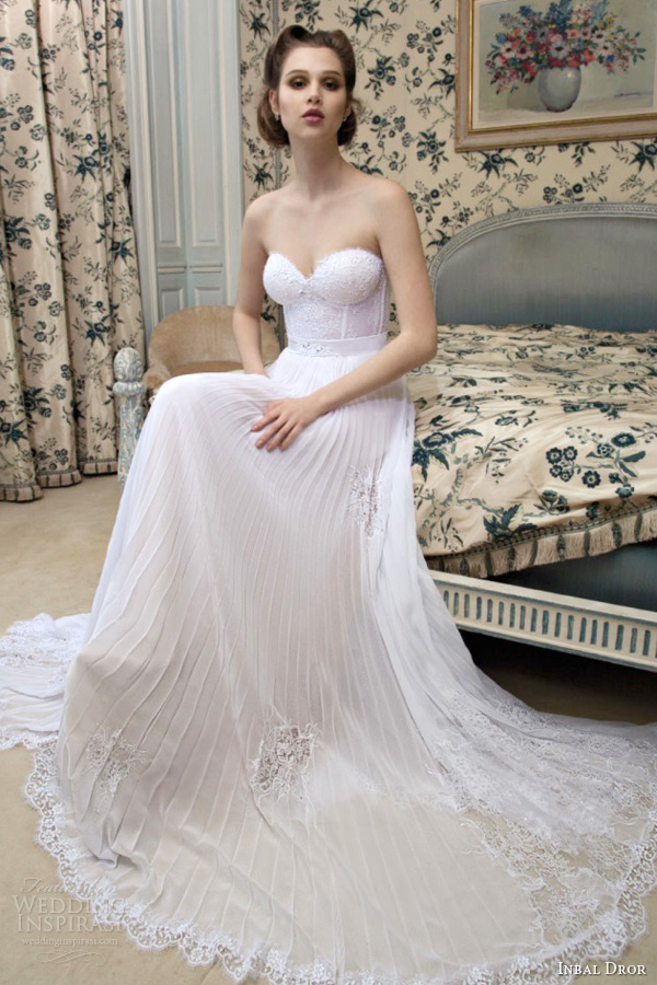 inbal dror 2013 bridal strapless lace bodice wedding dress pleated skirt
