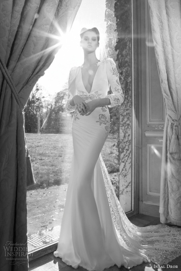 inbal dror 2013 bridal wedding dress long puff sleeve lace guipure