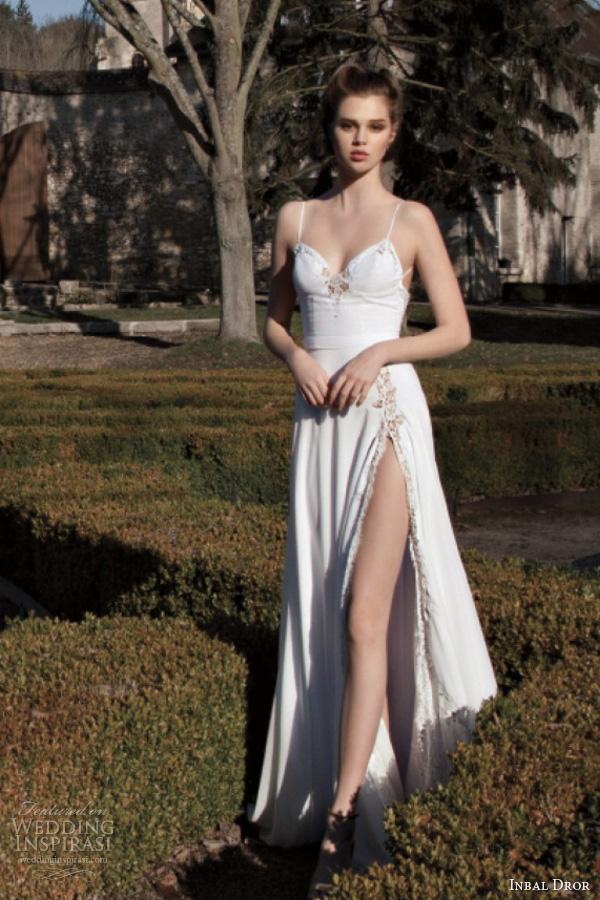 inbal dror 2013 bridal wedding dress thigh high slit spaghetti straps