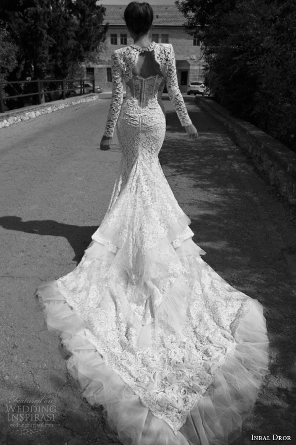 inbal dror bridal 2013 lace gown tiered train long sleeve lace jacket