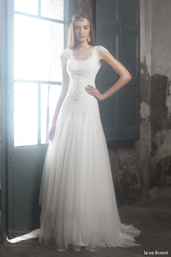 ir de bundo bridal 2014 laia cap sleeve lace bodice wedding dress
