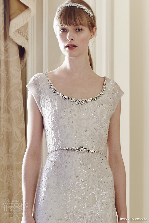 jenny packham 2014 bridal utopia cap sleeve sequin gown crystal neckline close up