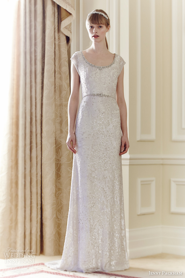 jenny packham 2014 bridal utopia cap sleeve sequinn gown crystal neckline