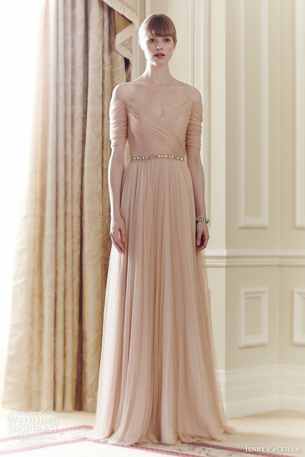 jenny packham 2014 color wedding dress belle magnolia ruched bodice sleeve gown