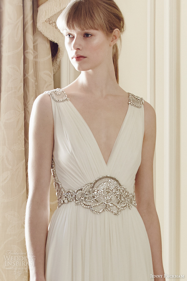 jenny packham bridal 2014 daphne sleeveless draped gown beaded straps waist embellishment close up