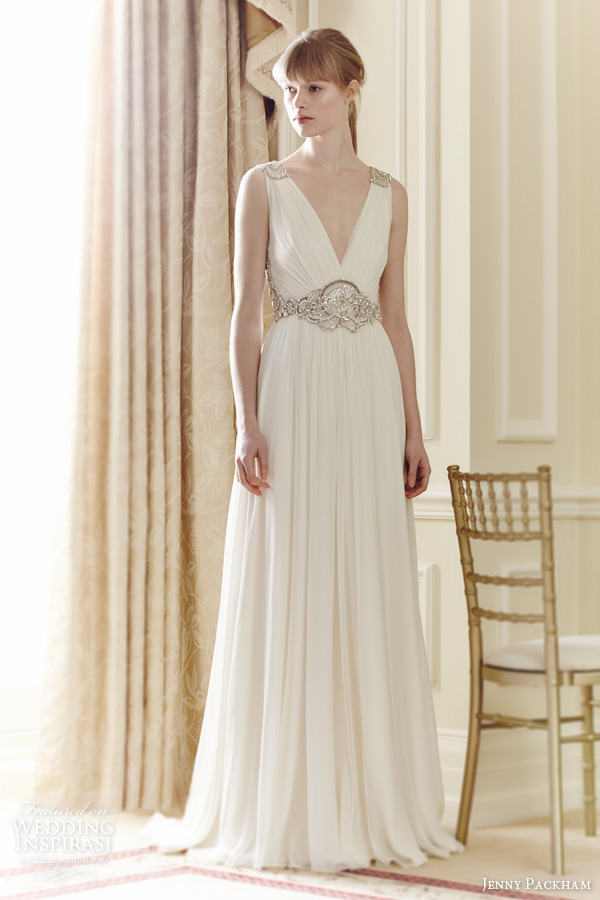 jenny packham bridal 2014 daphne sleeveless draped gown beaded straps waist embellishment