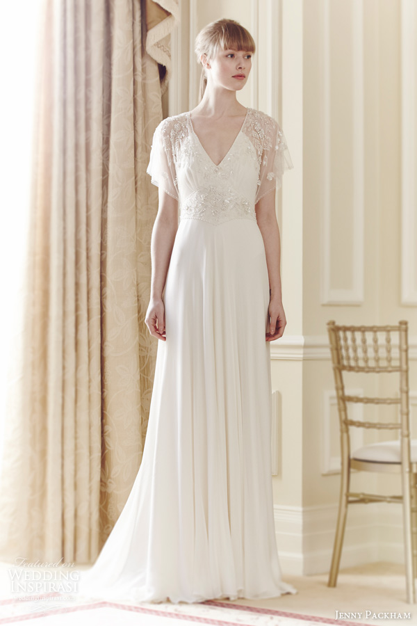 jenny packham bridal 2014 tilly wedding dress flutter sleeves beaded v neck bodice