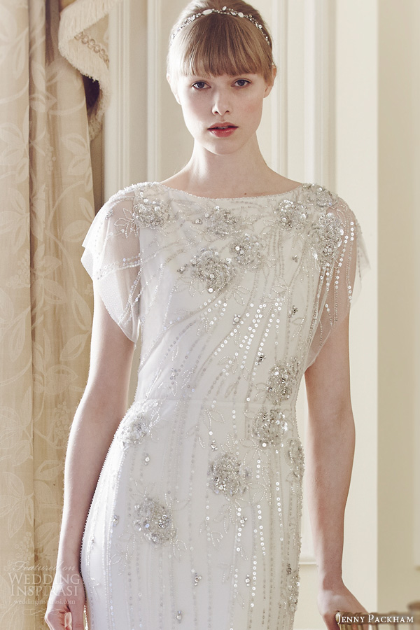 jenny packham bridal spring 2014 rose wedding dress sequins crystals close up headband accessories