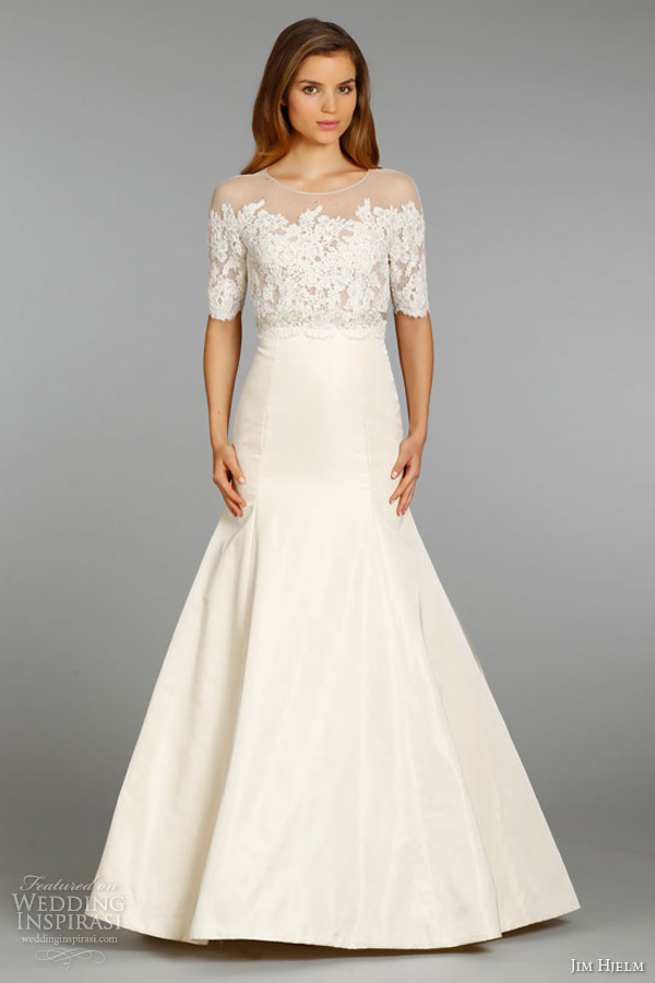 jim hjelm bridal fall 2013 wedding dress silk taffeta trumpet gown alencon lace sheer illusion three quarter sleeves style 8360 full view