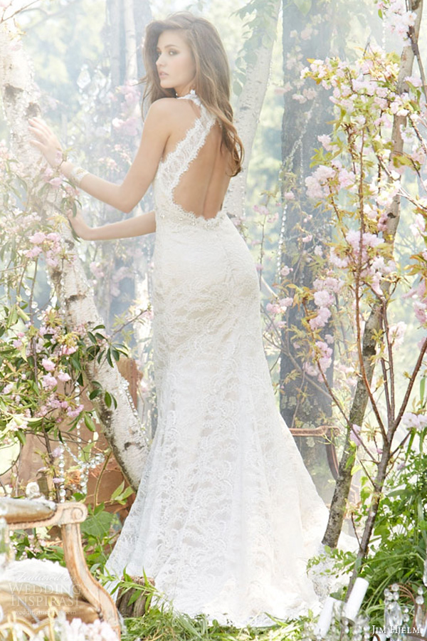 jim hjelm fall 2013 bridal alencon lace charmeuse modified a line bridal gown v halter neckline crystal style 8359