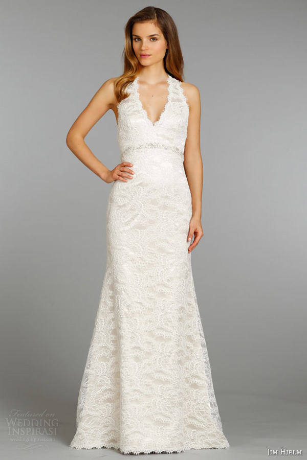 jim hjelm fall 2013 bridal alencon lace charmeuse modified a line wedding dress v halter neckline crystal style 8359