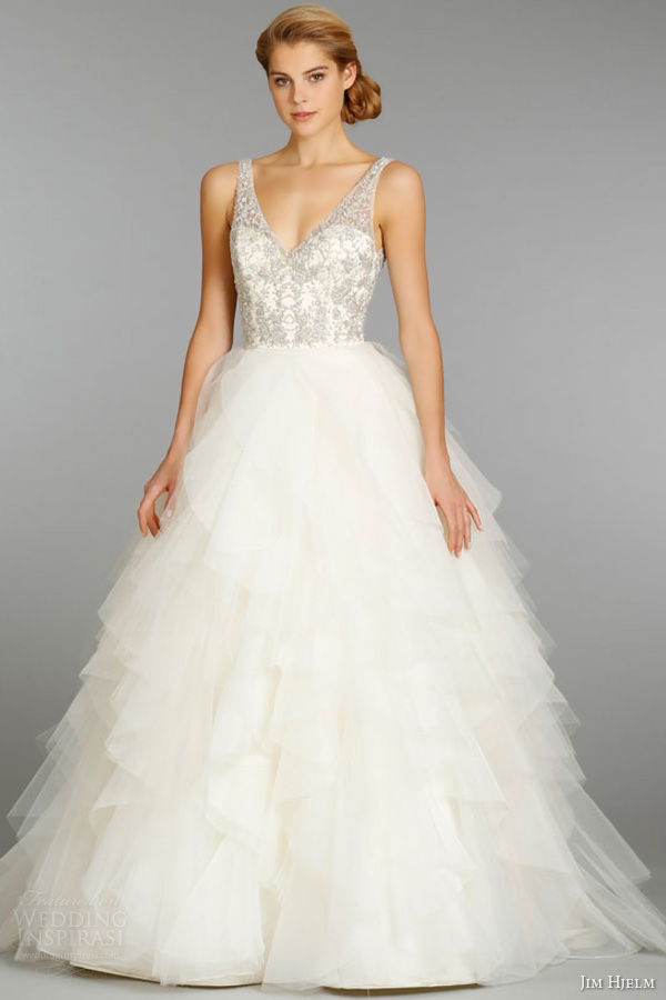 jim hjelm fall 2013 bridal ivory organza ball gown wedding dress crystal embroidered beaded v neck ruffle skirt style 8364