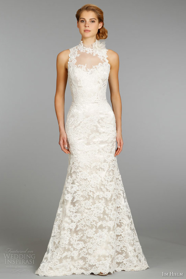 jim hjelm fall 2013 bridal lace charmeuse modified a line wedding dress high illusion neckline accented feather style 8363