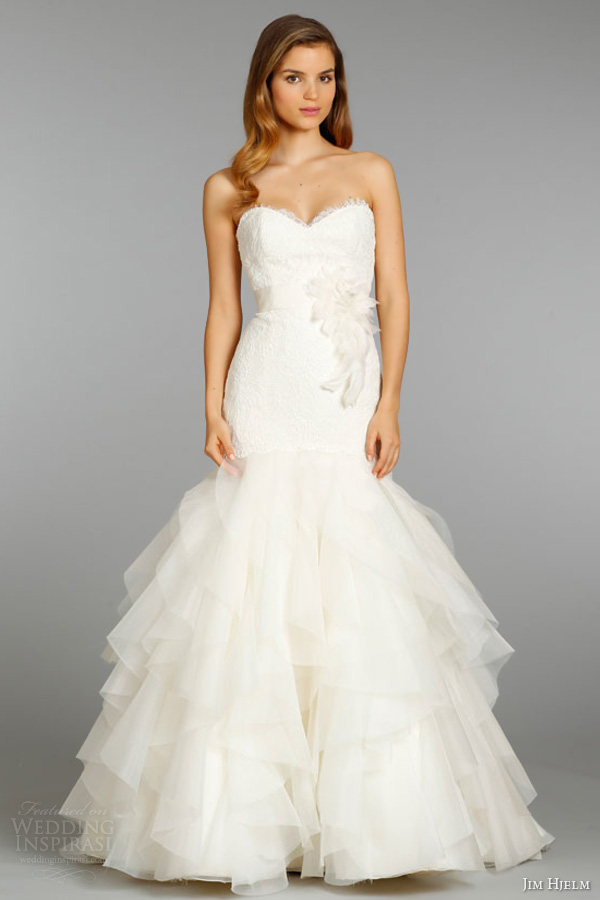 jim hjelm fall 2013 bridal silk organza elongated wedding dress strapless alencon lace ruffle skirt style 8356 full view