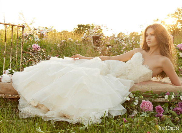 jim hjelm fall 2013 bridal silk organza elongated wedding dress strapless alencon lace ruffle skirt style 8356
