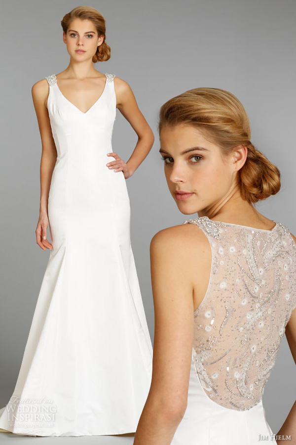 jim hjelm fall 2013 bridal silk taffeta trumpet wedding dress sleeveless v neckline sheer embroidered back style 8361