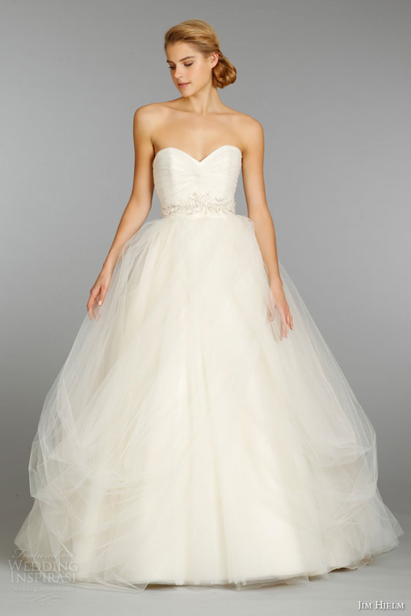 jim hjelm fall 2013 wedding dress tulle strapless ball gown chantilly lace crystal embroidery chapel train style 8351