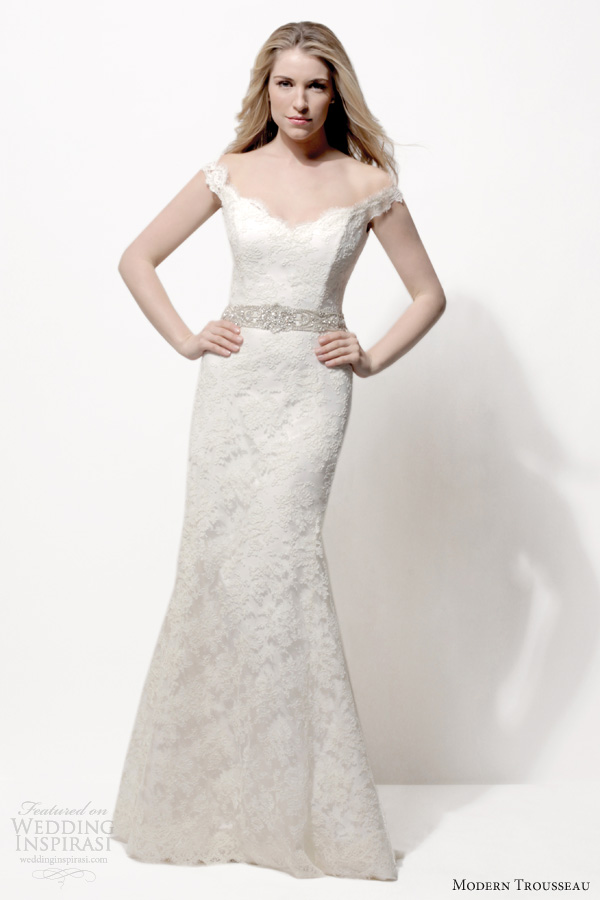 modern trousseau bridal 2014 renny chantilly lace wedding dress off shoulder straps