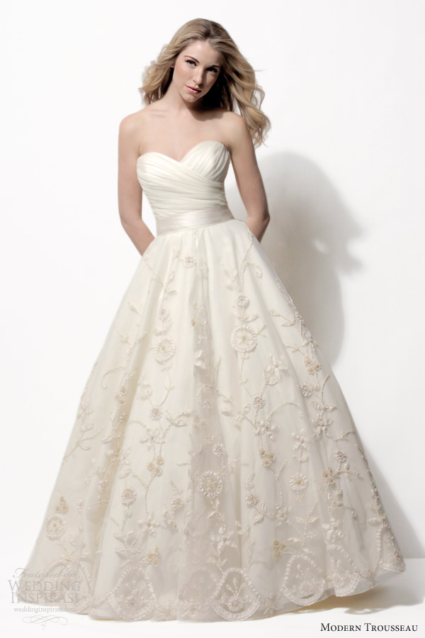 modern trousseau bridal spring 2014 lucy strapless wedding dress floral embroidery