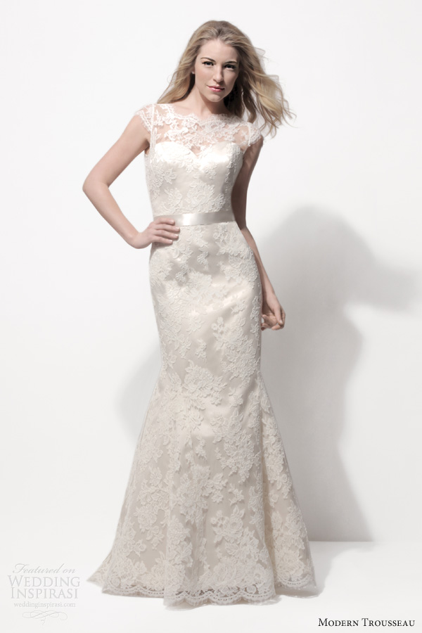 modern trousseau spring 2014 bridal cathryn fit flare cap sleeves dark ivory lace wedidng dress