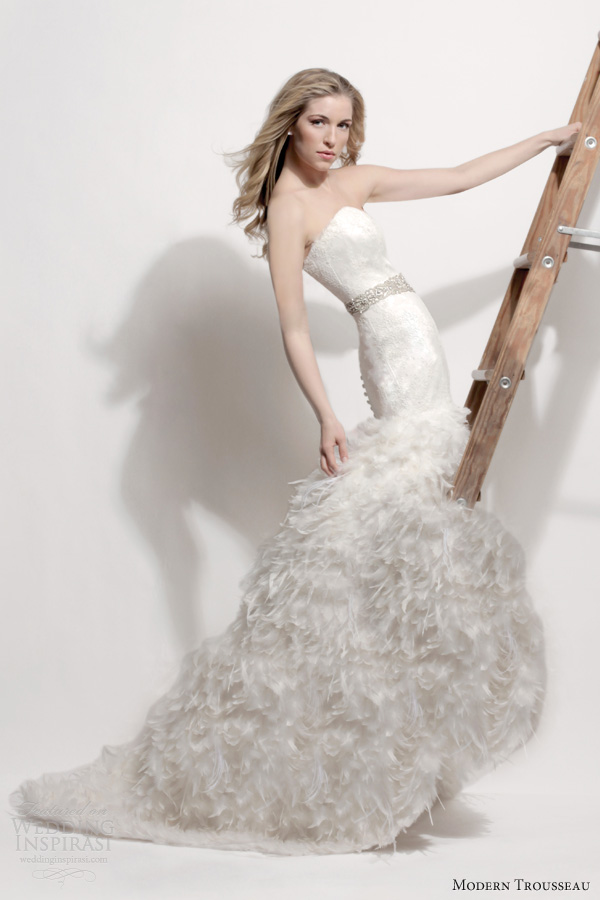 modern trousseau spring 2014 bridal couture swan strapless wedding dress feather skirt