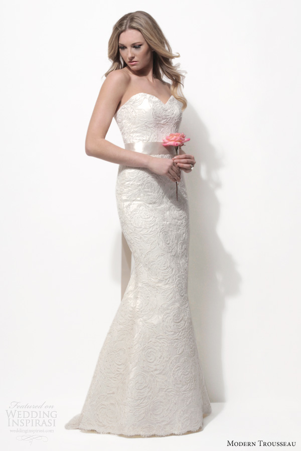 modern trousseau spring 2014 bridal demi strapless beaded lace fit flare wedding dress