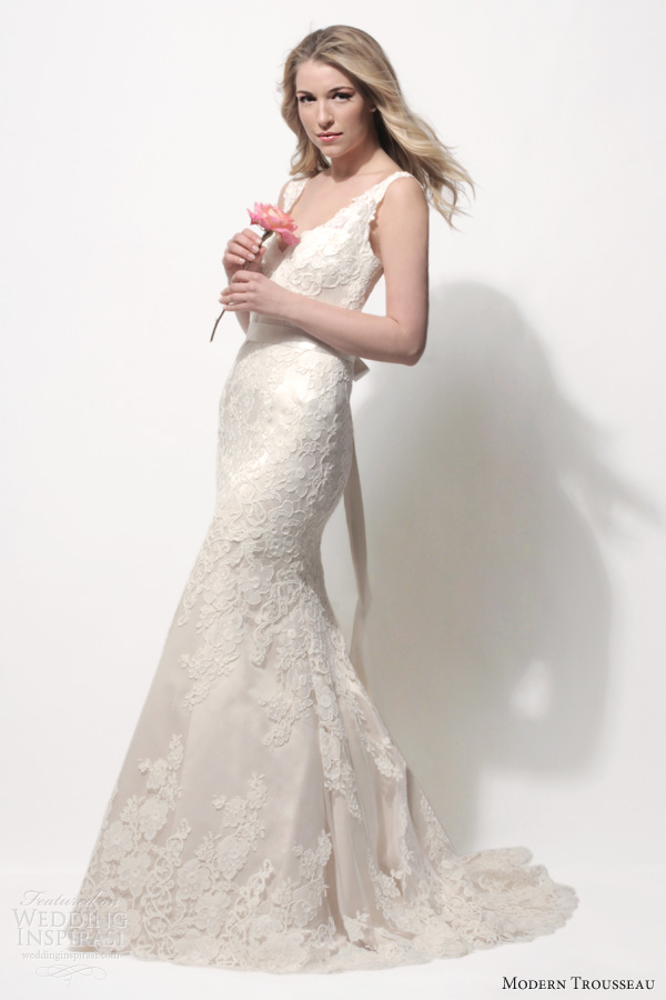 modern trousseau spring 2014 kendall sleeveless lace wedding dress straps shell pink dark ivory