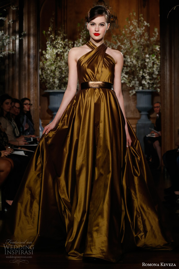 romona keveza fall 2013 2014 style e1352 antique gold silk taffeta gown full skirt fitted bodice cross over draped