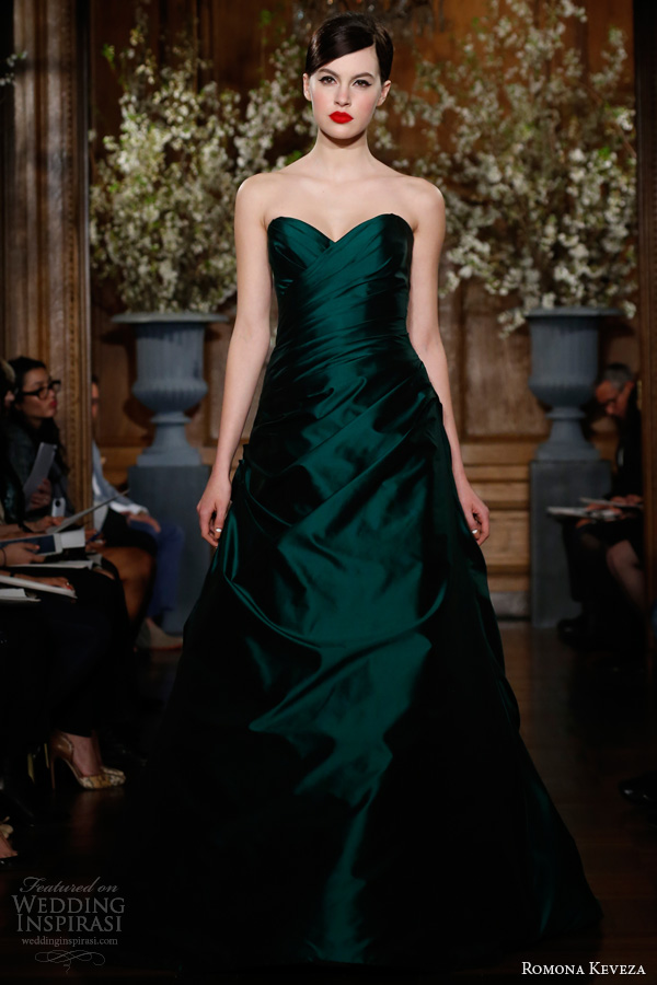 romona keveza fall 2013 collection emerald draped silk shantung taffeta gown draped a line silhouette sweetheart neckline style e1365