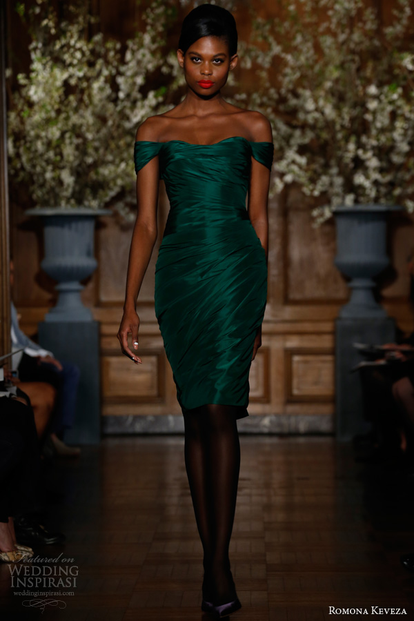 romona keveza fall 2013 rtw emerald draped cocktail dress silk taffeta draped shoulder detailing subtle sweetheart neckline e1363