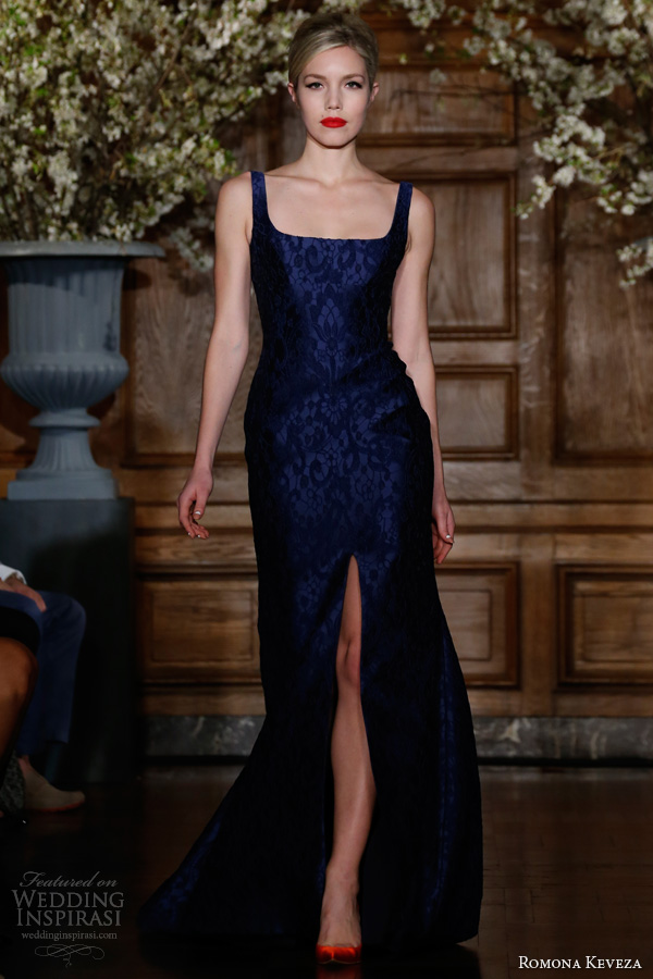 romona keveza fall 2013 sapphire brocade lace sleeveless gowna square neckline fluted skirt center front slit e1361