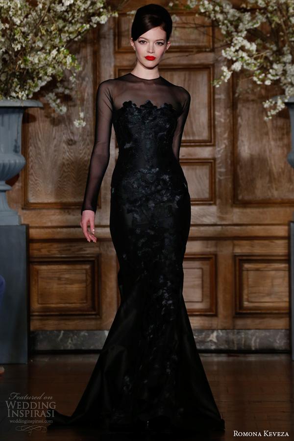 romona keveza fall winter 2013 2014 ready to wear black long sleeve gown with an illusion neckline make of silk shantung taffeta front baroque detailing style e1357
