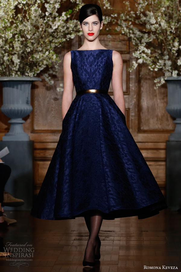 romona keveza rtw fall 2013 sapphire brocade lace cocktail dress boat neckline full tea length circle skirt style e1360