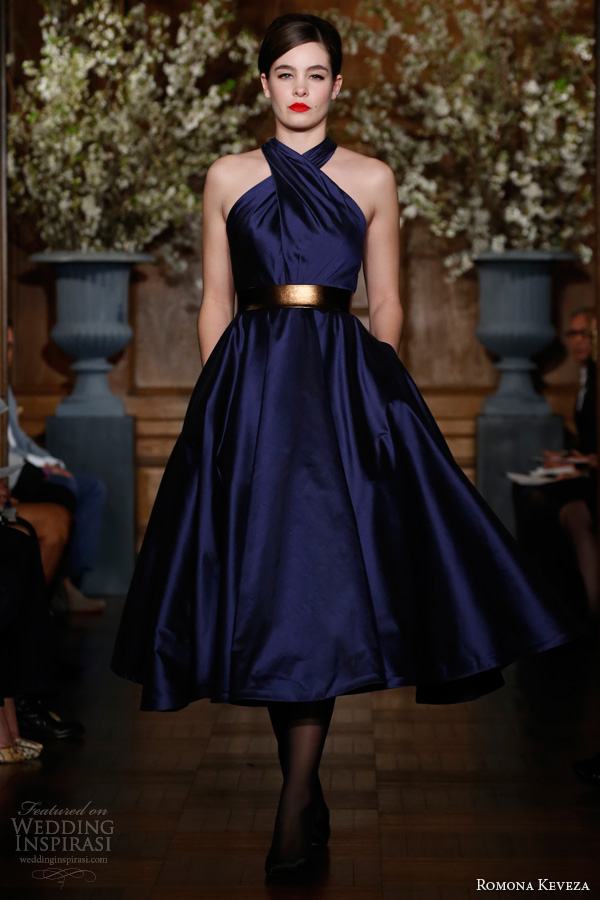 romona keveza rtw fall 2013 sapphire cocktail dress silk shantung taffeta tea length circle skirt fitted bodice cross over draped detail e1362