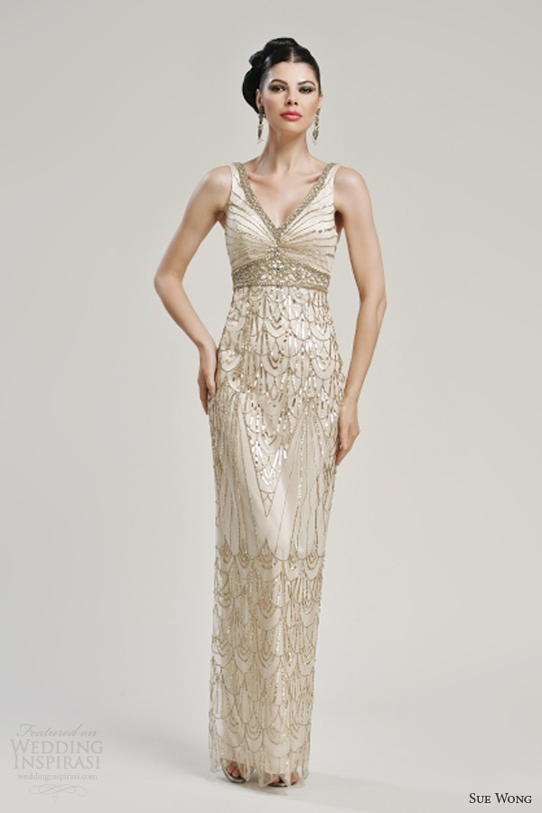 sue wong 2013 sleeveless wedding dress style n3149 gold accents