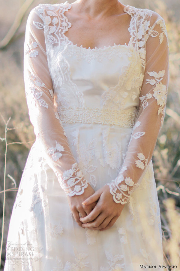 marisol aparicio fall 2013 bridal long sleeve lace wedding dress drop veil close up bodice