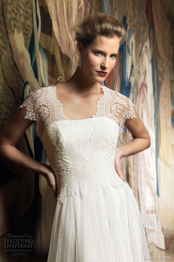 raimon bundo wedding dresses 2014 bridal ingrid gown lace cap sleeves close up