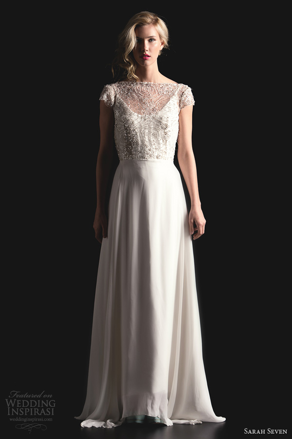 sarah seven bridal 2014 la vie cap sleeve wedding dress beaded bodice