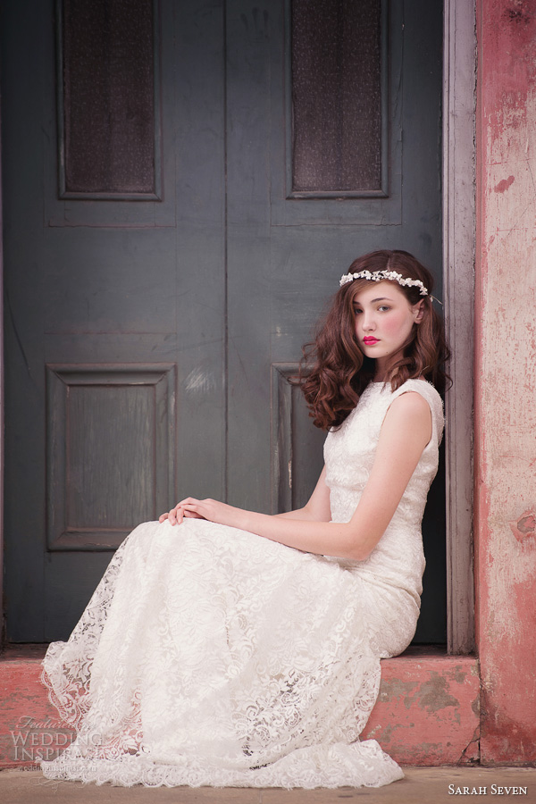sarah seven spring 2014 bridal primrose sleeveless lace wedding dress sitting